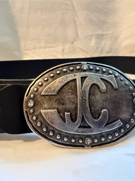 Just Cavalli Distressed Silver Oval Logo Buckle with Black Strap main image 9